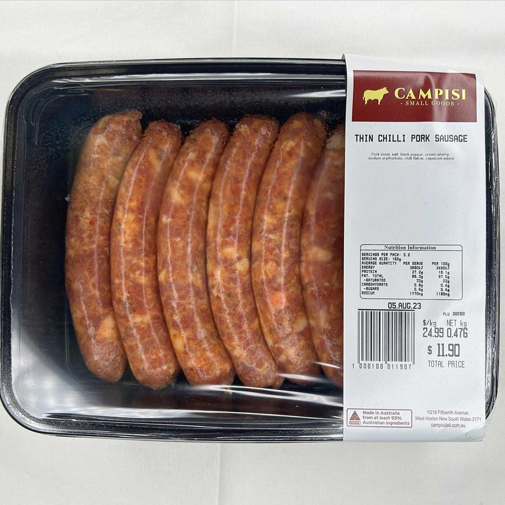 campisi RETAIL sausages chilli thin r/w 500gm (8) [K]