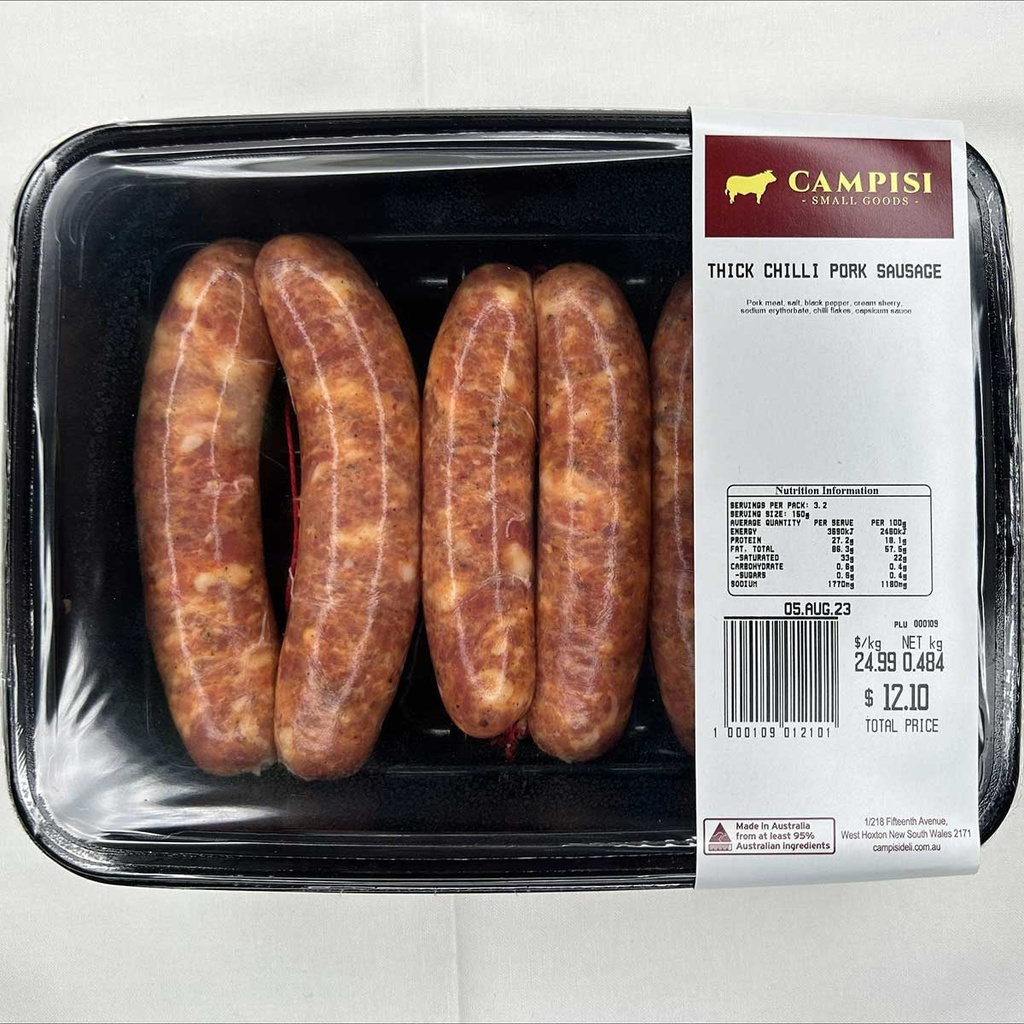 campisi RETAIL sausages chilli thick r/w 500gm (8) [K]