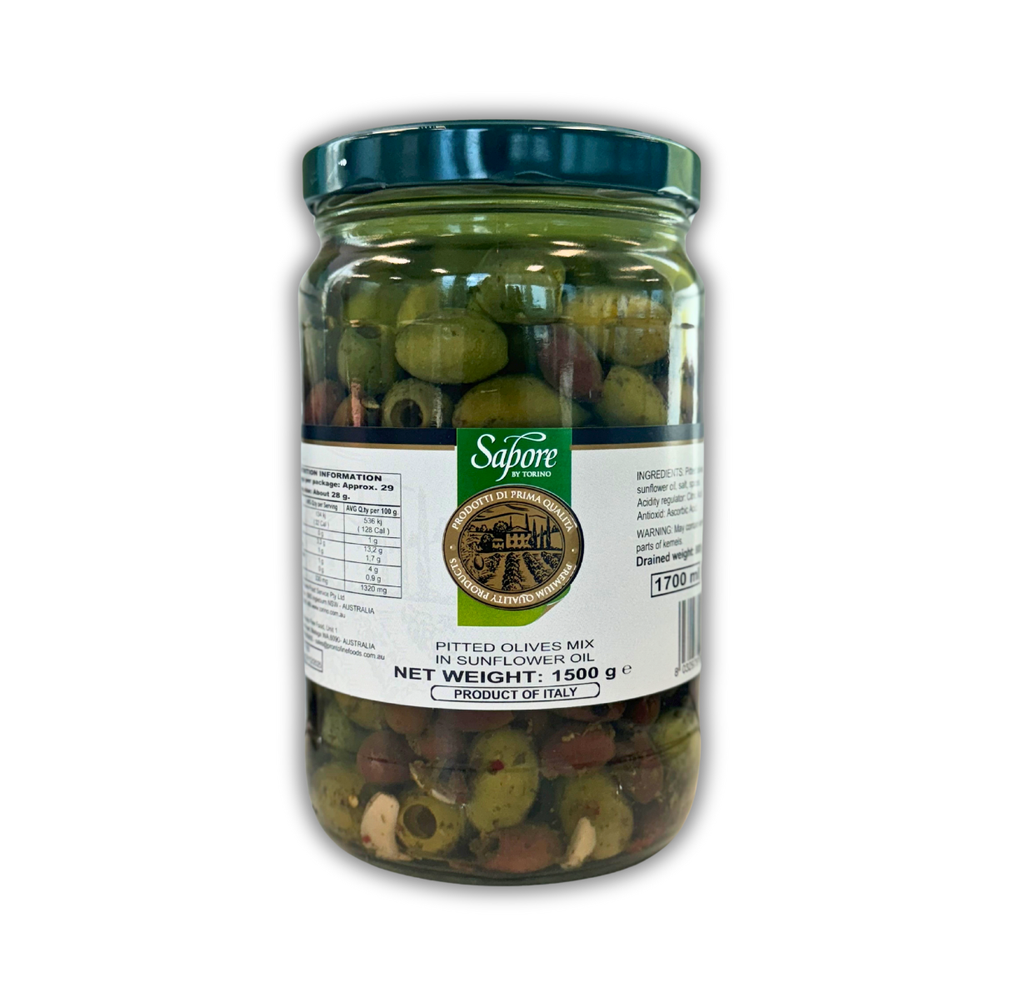 SAPORE ITALIAN MIXED PITTED OLIVES 1500g JAR NET WEIGHT